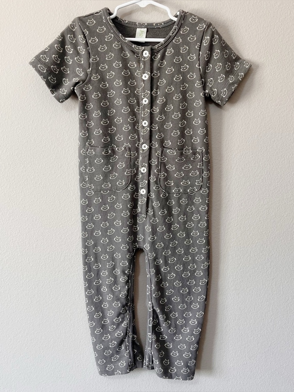 Kate Quinn Gray Cat Print Short Sleeve One Piece Cotton Jumpsuit Unisex Size 2T